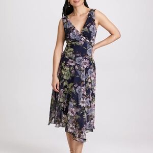Laura NWOT V-Neck Sleeveless Midi Dress - Navy Floral Chiffon Fit And Flare Sz6